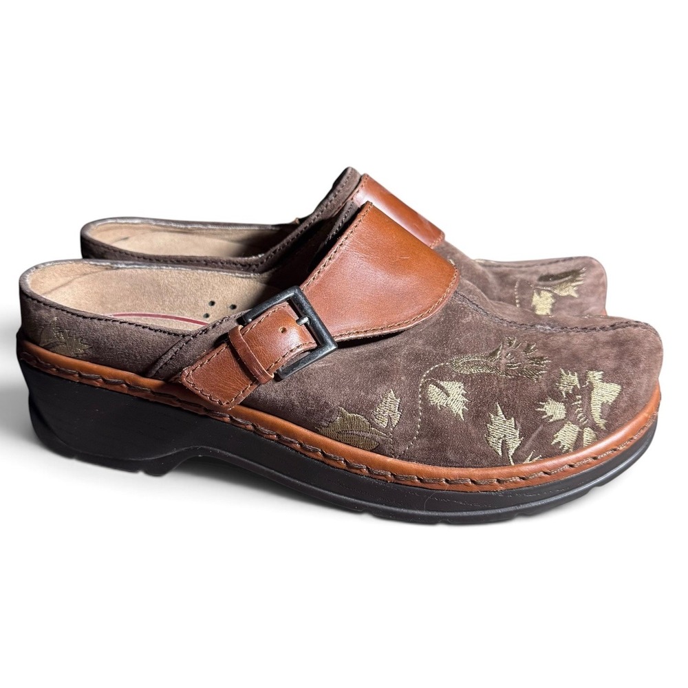 Klogs Women's Brown Suede Leather Floral Embroidered Clogs Mules Shoes